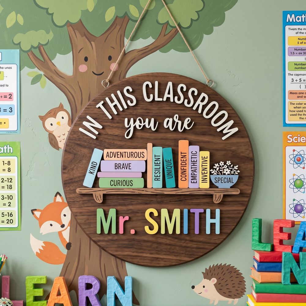 Personalized Welcome Classroom Door Sign, Custom Teacher Name Wood Plaque, School Wall Hanging Decor, Back To School Gift, Teacher Appreciation - Style 1
