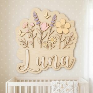 Personalized Wildflower Name Sign For Nursery Custom Floral Wooden Wall Decor For Baby Girl Room 3D Flower Garden Wood Sign Unique Newborn Gift - Style 2