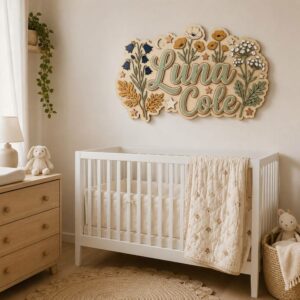 Personalized Wildflower Wooden Name Sign For Nursery Custom 3D Layered Floral Wood Name Wall Decor For Baby Girl Room Boho Flower Nursery