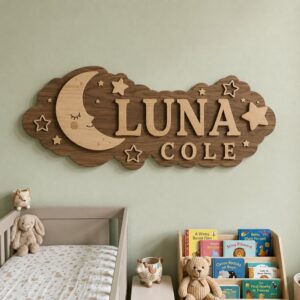 Personalized Wooden Name Sign For Nursery, Custom Moon Star Wooden Wall Sign For Kids Room, Baby Shower Gifts, Newborn Keepsake