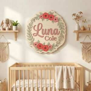 Personalized Wooden Name Sign For Nursery, Baby Shower Gifts, Newborn Keepsake, Custom Red Poppy Floral Wreath Wood Wall Decor For Girls Nursery