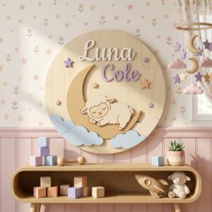 Personalized Wooden Name Sign For Nursery, Baby Shower Gifts, Newborn Keepsake, Custom Sleeping Lamb Moon Clouds Wood Wall Decor For Baby Girl Nursery