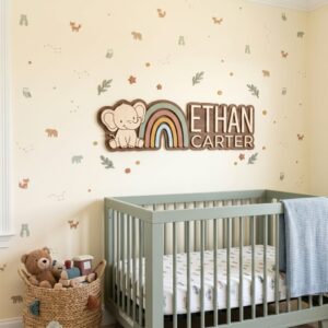 Personalized Wooden Name Sign For Nursery, Baby Shower Gifts, Newborn Keepsake, Elephant Rainbow Wall Decor Baby Room Custom Wood Plaque Gift Sign Art