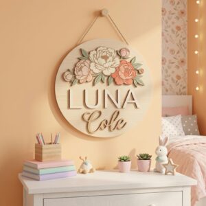 Personalized Wooden Name Sign For Nursery, Custom Peony Bouquet Wood Wall Decor For Kids Room, Baby Shower Gifts, Newborn Keepsake