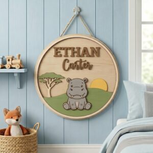 Personalized Wooden Name Sign For Nursery, Baby Shower Gifts, Newborn Keepsake, Hippo Safari Round Wall Decor Baby Boy Room Custom Plaque Sign