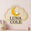 Personalized Wooden Name Sign For Nursery, Baby Shower Gifts, Newborn Keepsake, Custom Bunny Crescent Moon Wood Wall Decor For Baby Girl Nursery
