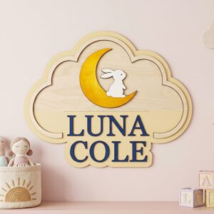Personalized Wooden Name Sign For Nursery, Baby Shower Gifts, Newborn Keepsake, Custom Bunny Crescent Moon Wood Wall Decor For Baby Girl Nursery