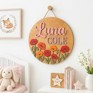Personalized Wooden Name Sign For Nursery, Custom Poppy Wood Wall Decor For Kids Room, Baby Shower Gifts, Newborn Keepsake
