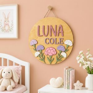 Personalized Wooden Name Sign For Nursery, Custom Pastel Carnation Wood Wall Decor For Kids Room, Baby Shower Gifts, Newborn Keepsake