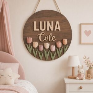 Personalized Wooden Name Sign For Nursery, Custom Pastel Tulip Wood Wall Decor For Kids Room, Baby Shower Gifts, Newborn Keepsake