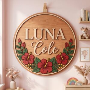 Personalized Wooden Name Sign For Nursery, Custom Hibiscus Wood Wall Decor For Kids Room, Baby Shower Gifts, Newborn Keepsake