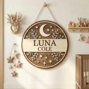 Personalized Wooden Name Sign For Nursery, Custom Moon Star Wood Wall Decor For Kids Room, Baby Shower Gifts, Newborn Keepsake