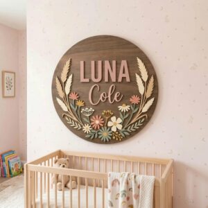Personalized Wooden Name Sign For Nursery, Baby Shower Gifts, Newborn Keepsake, Custom Pampas Wildflower Wood Wall Decor For Baby Girl Nursery