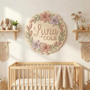 Personalized Wooden Name Sign For Nursery, Baby Shower Gifts, Newborn Keepsake, Floral Round Wall Decor For Baby Girl Room Custom Wood Plaque Gift