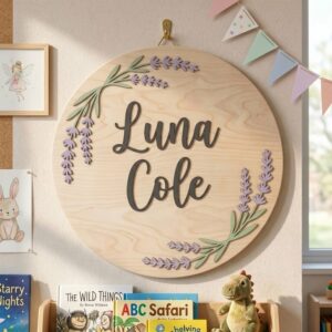 Personalized Wooden Name Sign For Nursery, Baby Shower Gifts, Newborn Keepsake, Custom Lavender Floral Wood Wall Decor For Baby Girl Nursery, Wall Art