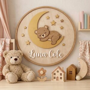 Personalized Wooden Name Sign For Nursery, Baby Shower Gifts, Newborn Keepsake, Custom Sleeping Bear Moon Stars Wood Wall Decor For Girl Nursery