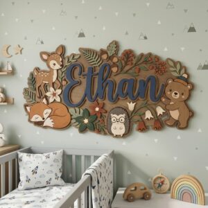 Personalized Wooden Name Sign For Nursery, Custom Woodland Animal Wooden Wall Sign, Wood Sign Kid Room, Baby Shower Gifts, Newborn Keepsake