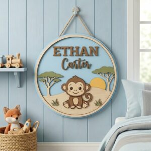 Personalized Wooden Name Sign For Nursery, Baby Shower Gifts, Newborn Keepsake, Custom Safari Monkey Wood Wall Decor For Kids Room, Round Plaque Signs