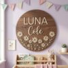 Personalized Wooden Name Sign For Nursery, Baby Shower Gifts, Newborn Keepsake, Dark Wood Daisy Floral Round Wall Decor Kids Room Custom Sign