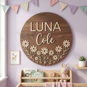 Personalized Wooden Name Sign For Nursery, Baby Shower Gifts, Newborn Keepsake, Dark Wood Daisy Floral Round Wall Decor Kids Room Custom Sign