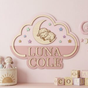 Personalized Wooden Name Sign For Nursery, Baby Shower Gifts, Newborn Keepsake, Custom Lamb Moon Stars Cloud Wood Wall Decor For Baby Girl Nursery
