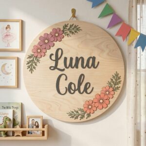 Personalized Wooden Name Sign For Nursery, Baby Shower Gifts, Newborn Keepsake, Custom Pink Daisy Floral Wood Wall Decor For Kids Room