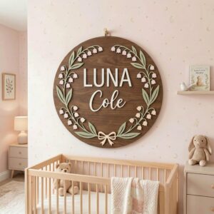 Personalized Wooden Name Sign For Nursery, Baby Shower Gifts, Newborn Keepsake, Lily Of The Valley Dark Wood Wall Decor Baby Girl Room Plaque Gifts