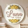 Personalized Wooden Name Sign For Nursery, Baby Shower Gifts, Newborn Keepsake, Custom Yellow Hibiscus Floral Wood Wall Decor For Baby Girl Room Decor