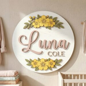 Personalized Wooden Name Sign For Nursery, Baby Shower Gifts, Newborn Keepsake, Custom Yellow Hibiscus Floral Wood Wall Decor For Baby Girl Room Decor