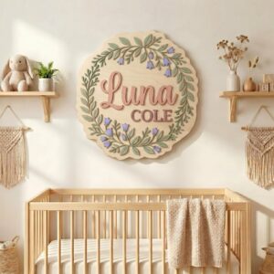 Personalized Wooden Name Sign For Nursery, Baby Shower Gifts, Newborn Keepsake, Custom Bluebell Floral Wreath Wood Wall Decor For Baby Girl Room