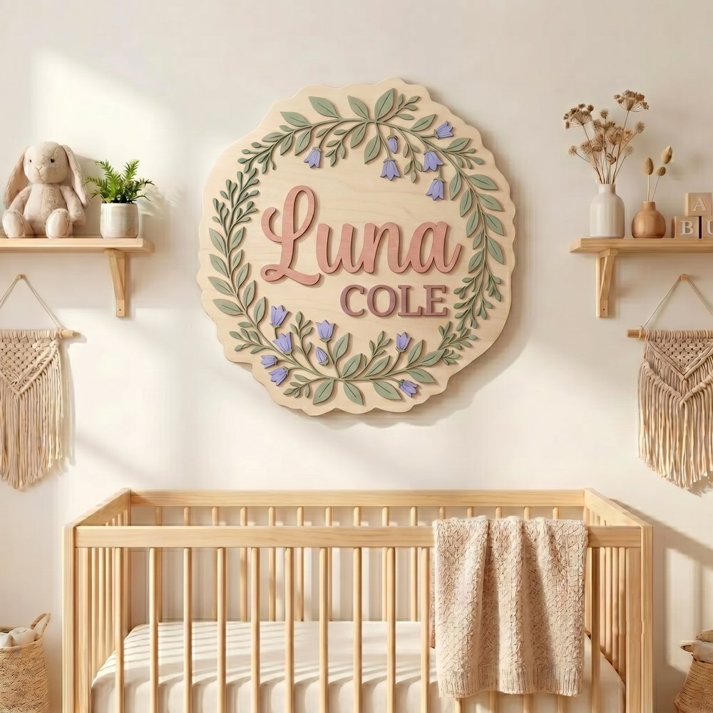 Personalized Wooden Name Sign For Nursery, Baby Shower Gifts, Newborn Keepsake, Custom Bluebell Floral Wreath Wood Wall Decor For Baby Girl Room