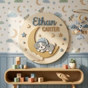 Personalized Wooden Name Sign For Nursery, Baby Shower Gifts, Newborn Keepsake, Sleeping Puppy Moon Stars Wall Decor Custom Kids Room Wood Sign Gifts