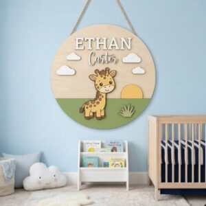 Personalized Wooden Name Sign For Nursery, Baby Shower Gifts, Newborn Keepsake, Giraffe Safari Round Wall Decor Kids Room Custom Wood Plaque Gift Sign
