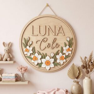 Personalized Wooden Name Sign For Nursery, Custom Daffodil Wood Wall Decor For Kids Room, Baby Shower Gifts, Newborn Keepsakea