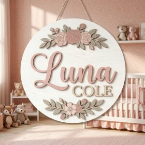 Personalized Wooden Name Sign For Nursery, Baby Shower Gifts, Newborn Keepsake, Floral Rose Wall Decor Baby Girl Room Custom Wood Plaque Gift Sign