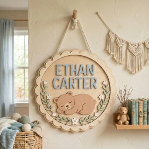 Personalized Wooden Name Sign For Nursery, Baby Shower Gifts, Newborn Keepsake, Custom Sleeping Bear Floral Wood Wall Decor For Baby Boy Nursery