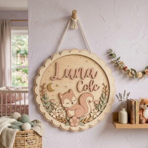 Personalized Wooden Name Sign For Nursery, Baby Shower Gifts, Newborn Keepsake, Custom Squirrel Floral Wood Wall Decor For Baby Girl Nursery, Wall Art