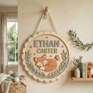 Personalized Wooden Name Sign For Nursery, Baby Shower Gifts, Newborn Keepsake, Sleeping Fox Scallop Wall Decor Baby Room Custom Plaque Room Decor