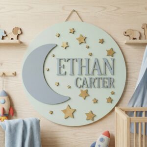 Personalized Wooden Name Sign For Nursery, Baby Shower Gifts, Newborn Keepsake, Moon And Stars Round Wall Decor Baby Room Custom Wood Plaque Sign Gift