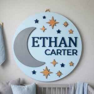 Personalized Wooden Name Sign For Nursery, Baby Shower Gifts, Newborn Keepsake, Moon And Stars Round Decor Kids Room Custom Wooden Plaque Wall Art