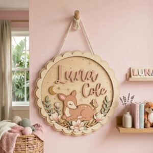 Personalized Wooden Name Sign For Nursery, Baby Shower Gifts, Newborn Keepsake, Deer Floral Scallop Round Wall Decor Baby Girl Room Custom Plaque Gift