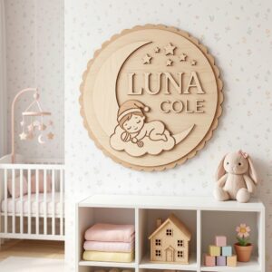 Personalized Wooden Name Sign For Nursery, Baby Shower Gifts, Newborn Keepsake, Custom Sleeping Baby Moon Stars Wood Wall Decor For Baby Nursery