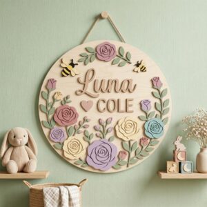 Personalized Wooden Name Sign For Nursery, Baby Shower Gifts, Newborn Keepsake, Custom Rose Bee Floral Wood Wall Decor For Baby Girl Nursery, Wall Art