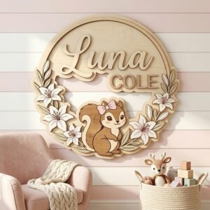 Personalized Wooden Name Sign For Nursery, Custom Woodland Squirrel Wooden Wall Sign For Kids Room, Baby Shower Gifts, Newborn Keepsake