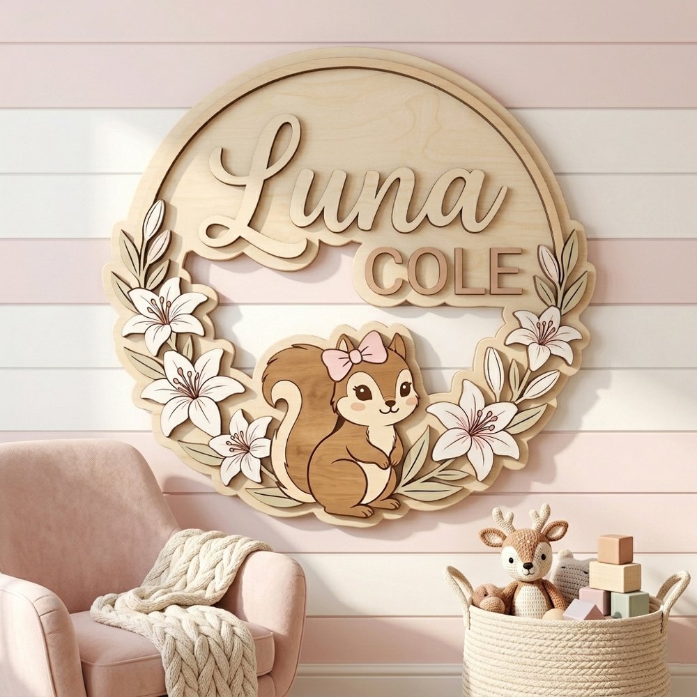 Personalized Wooden Name Sign For Nursery, Custom Woodland Squirrel Wooden Wall Sign For Kids Room, Baby Shower Gifts, Newborn Keepsake