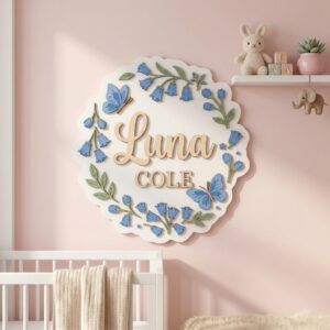 Personalized Wooden Name Sign For Nursery, Custom Bluebell Butterfly Wood Wall Decor For Kids Room, Baby Shower Gifts, Newborn Keepsake