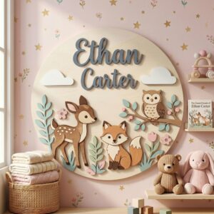 Personalized Wooden Name Sign For Nursery, Custom Woodland Animal Wooden Wall Sign With Deer Fox Owl, Kids Room Decor, Baby Shower Gifts