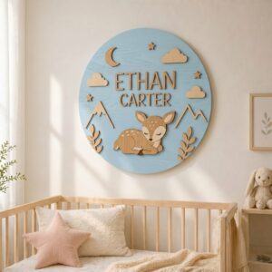 Personalized Wooden Name Sign For Nursery, Baby Shower Gifts, Newborn Keepsake, Sleeping Deer Moon Mountain Wall Decor Kids Room Custom Plaque Signs