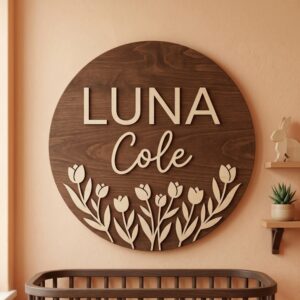 Personalized Wooden Name Sign For Nursery, Baby Shower Gifts, Newborn Keepsake, Custom Tulip Blossom Wood Wall Decor For Baby Girl Nursery