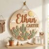 Personalized Wooden Name Sign For Nursery, Baby Shower Gifts, Newborn Keepsake, Custom Desert Sunset Cactus Wood Wall Decor For Baby Boy Nursery